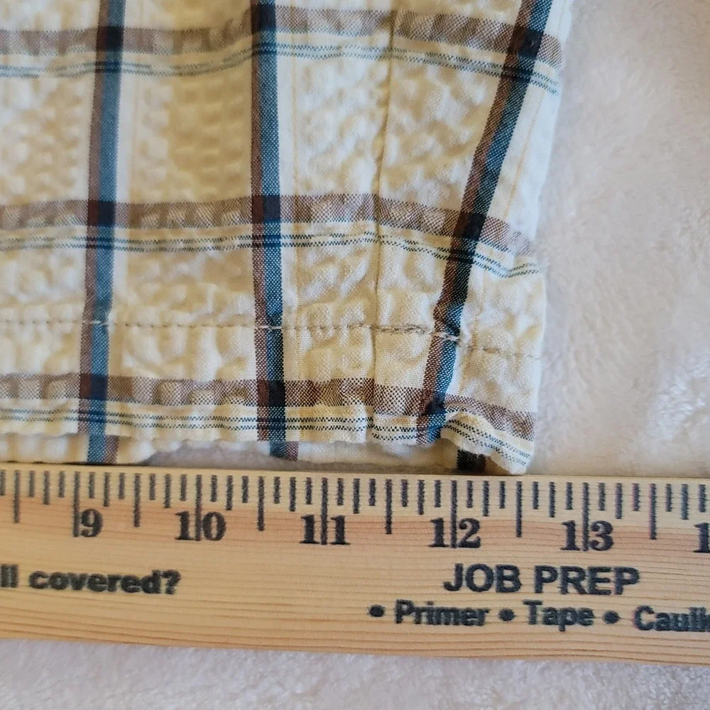 Tommy Bahama Shorts Mens 38 Beige Blue Plaid Seersucker Cotton Flat Front Casual